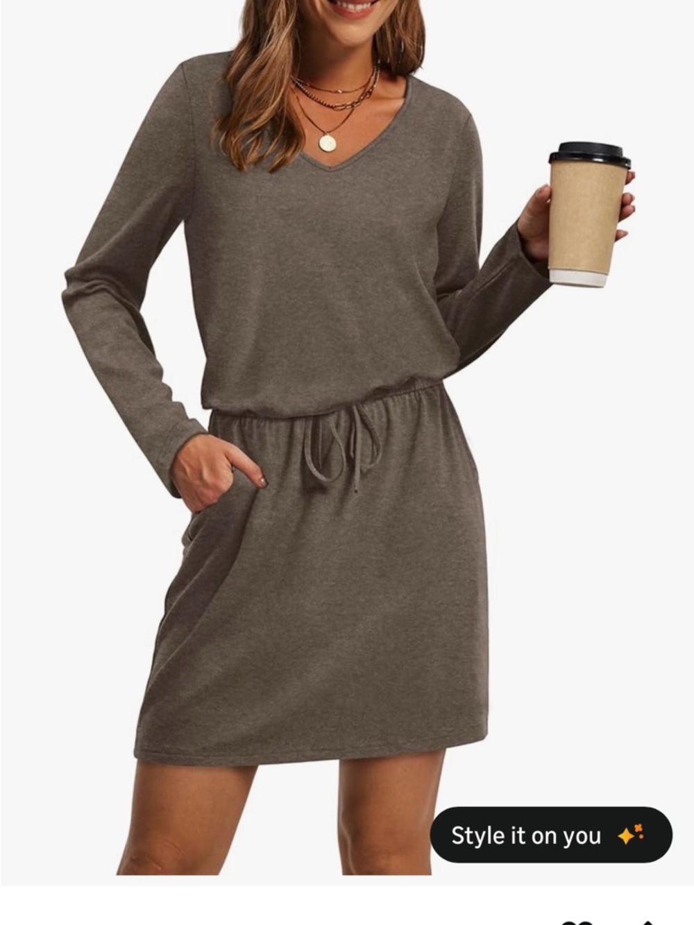 V-Neck Long Sleeve Drawstring Waist Dress - Coffee